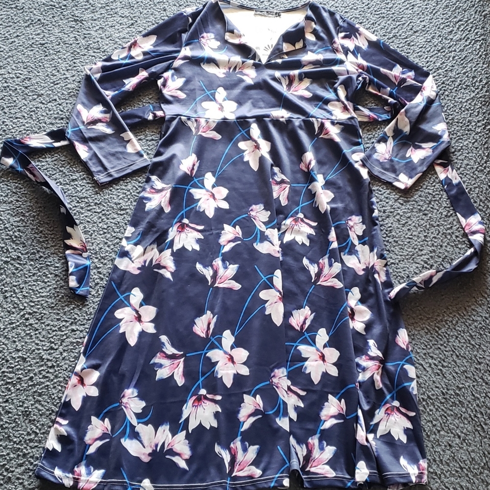 Womens tie waist floral midi dress L XL